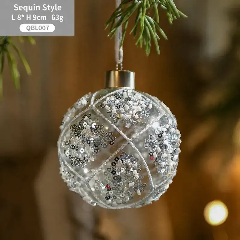 Transparent Glass White Rhinestone and Sequin Christmas Hanging Ball