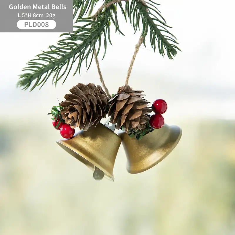 Nordic Metal Bell Christmas Tree Ornament - Pinecone & Red Berry Style
