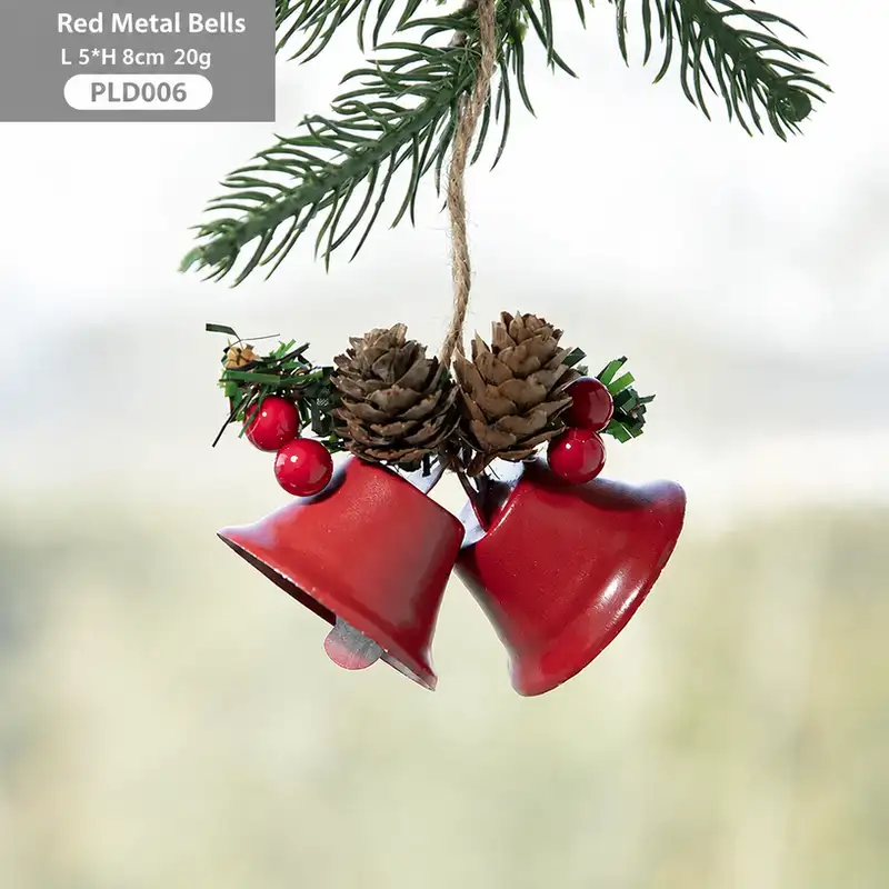 Nordic Metal Bell Christmas Tree Ornament - Pinecone & Red Berry Style
