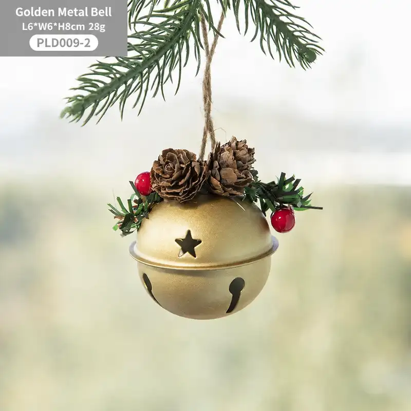 Nordic Metal Bell Christmas Tree Ornament - Pinecone & Red Berry Style