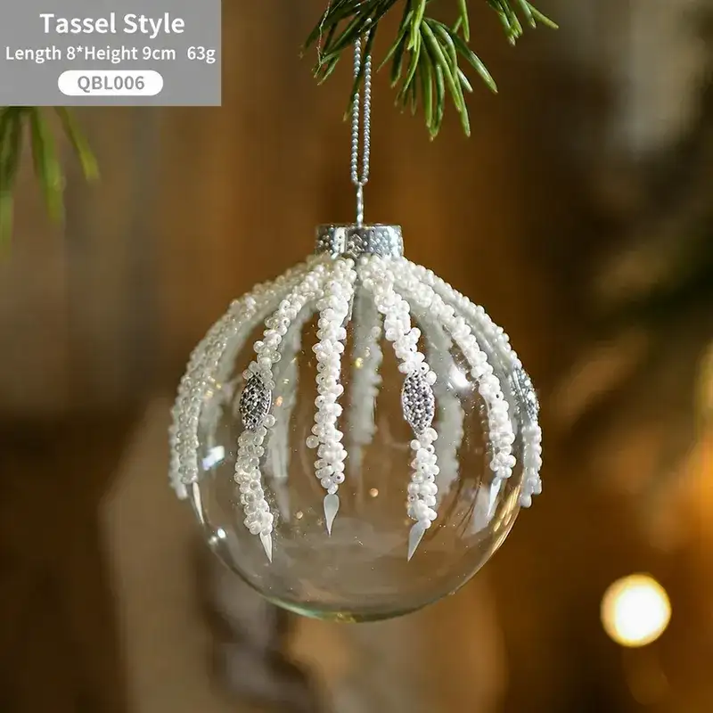 Transparent Glass White Rhinestone and Sequin Christmas Hanging Ball