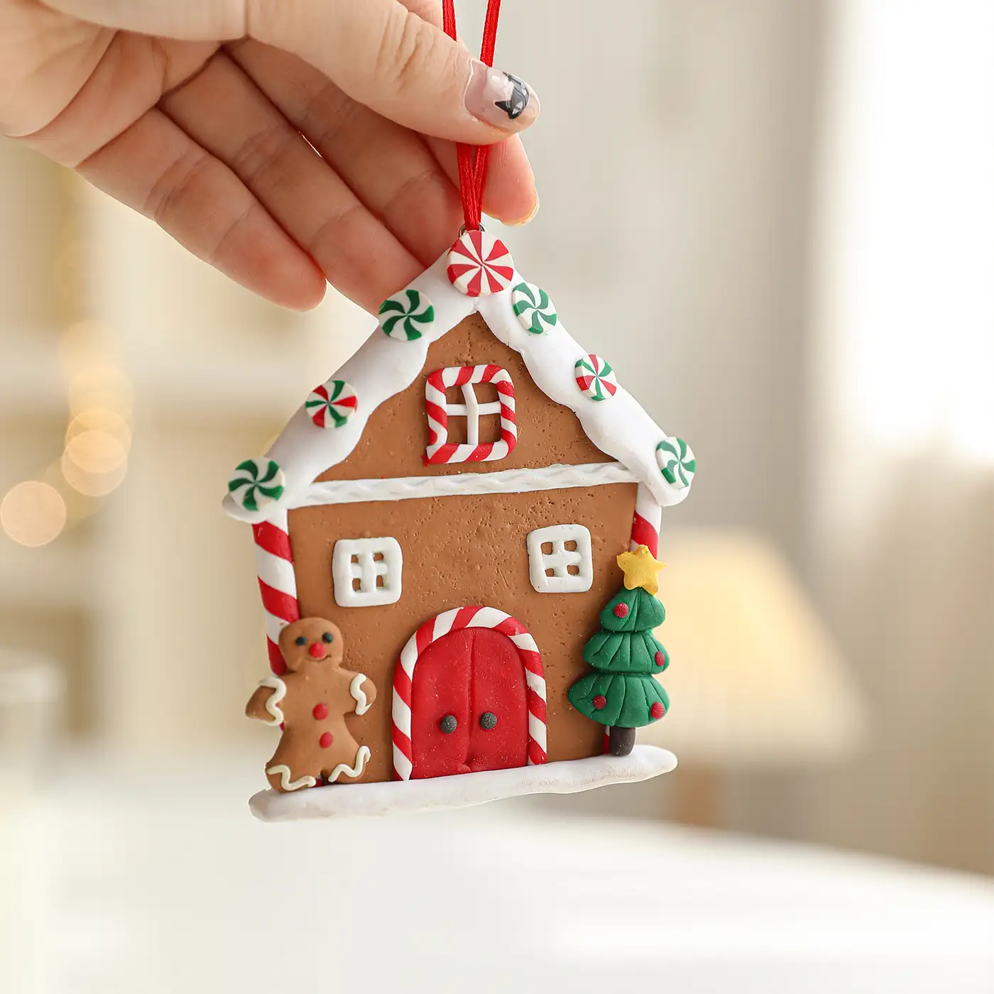 Vintage Cute Polymer Clay Gingerbread House Christmas Ornament