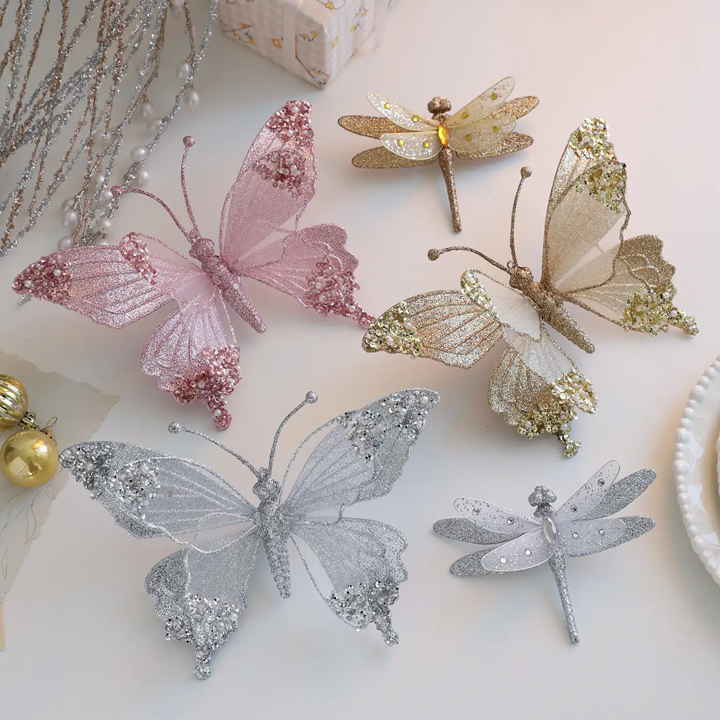 Christmas faux tulle glitter butterfly and dragonfly pearl decorative clips