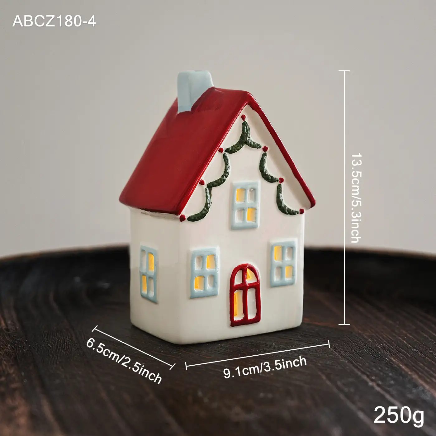 Christmas Ceramic Cottage Ornament with Window, Chimney and Wreath