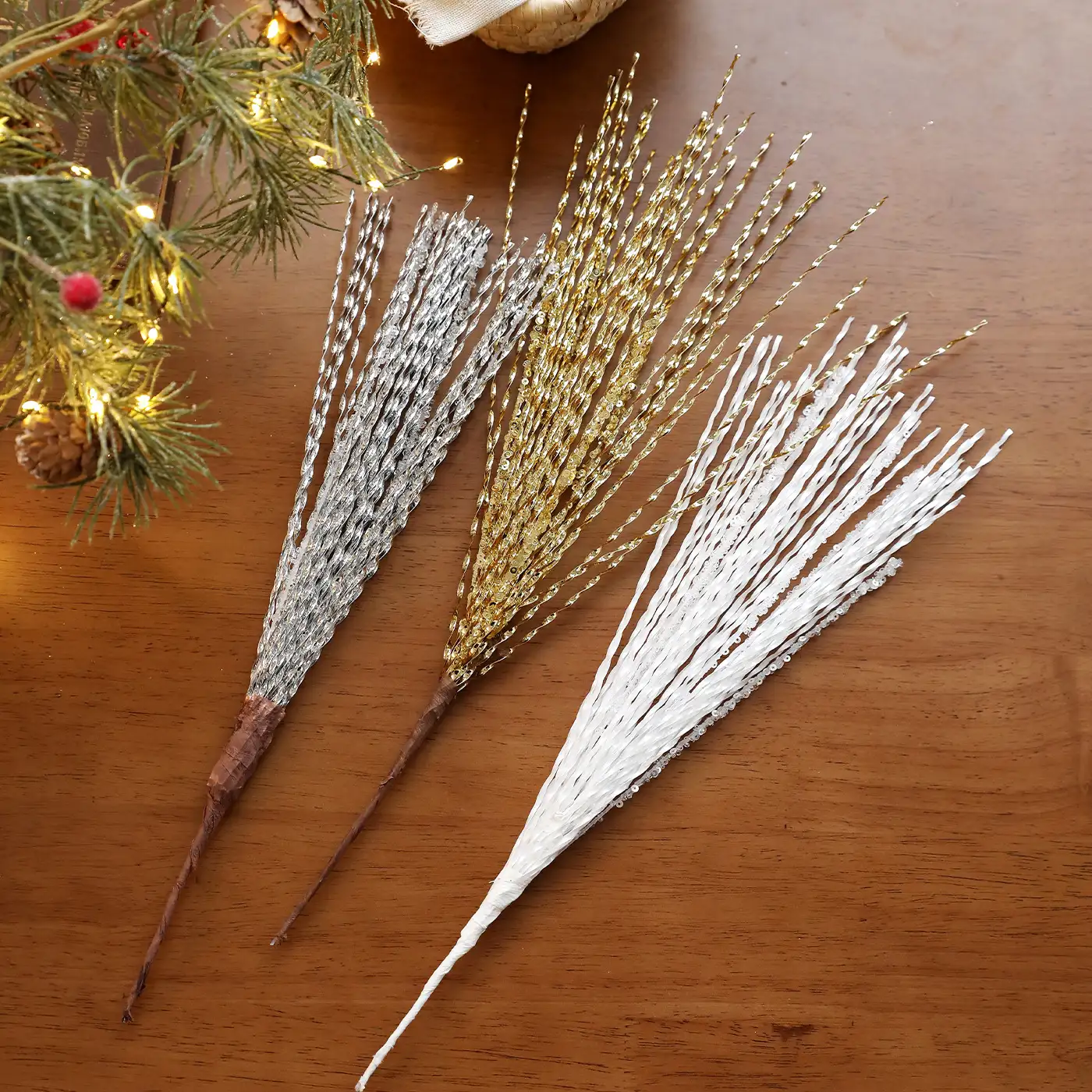 Gold Glitter Sequin Wheat Stalk Christmas Pick Decoration