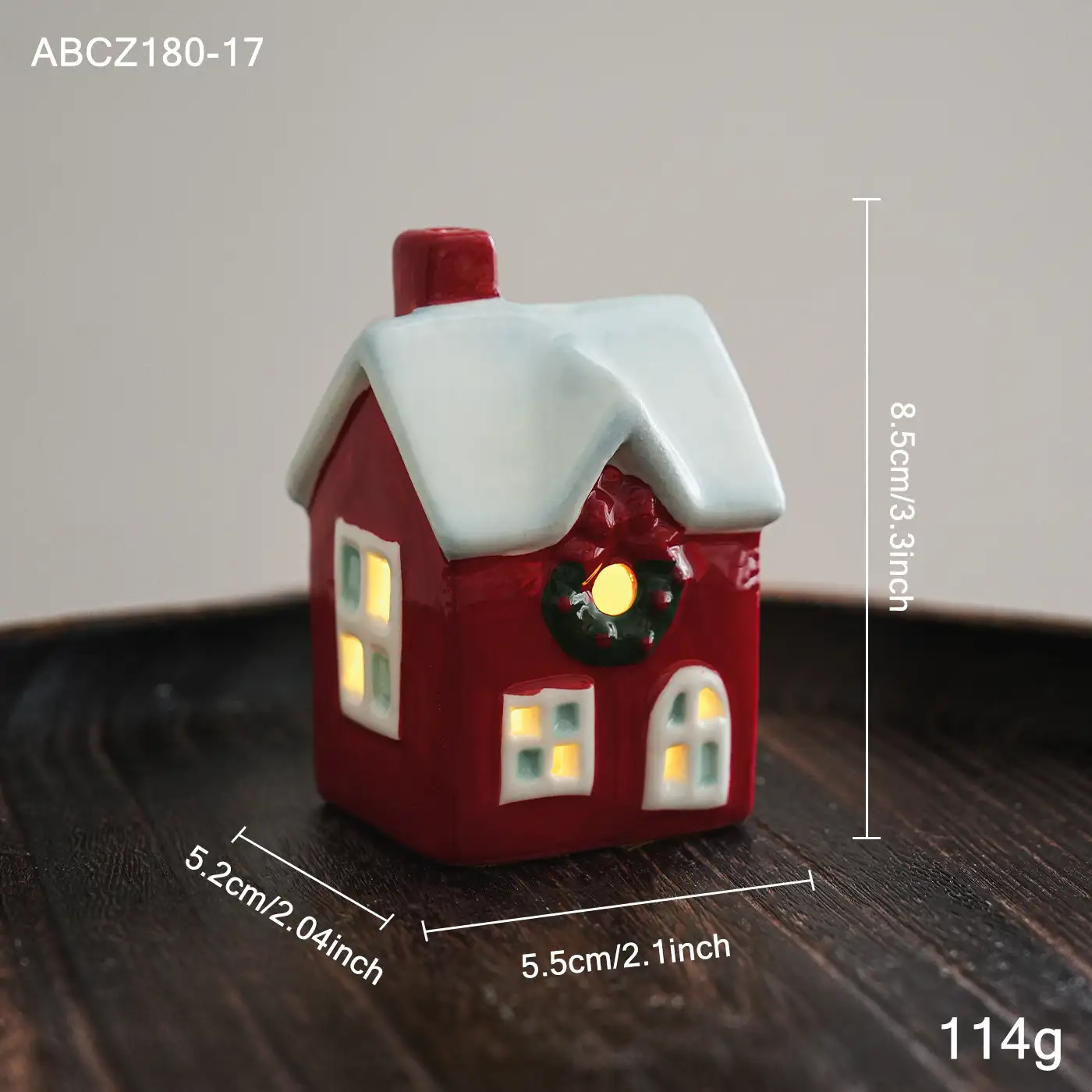 Christmas Ceramic Cottage Ornament with Window, Chimney and Wreath