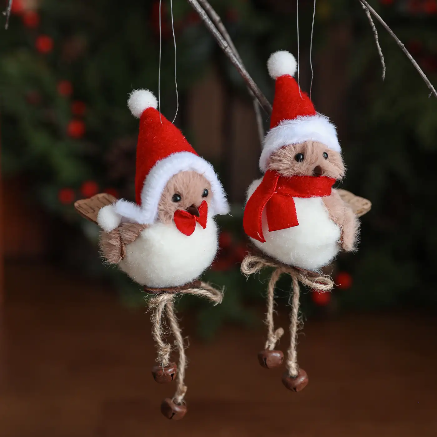 Realistic foam and wool-felt small bird Christmas hanging ornament with red scarf and hat