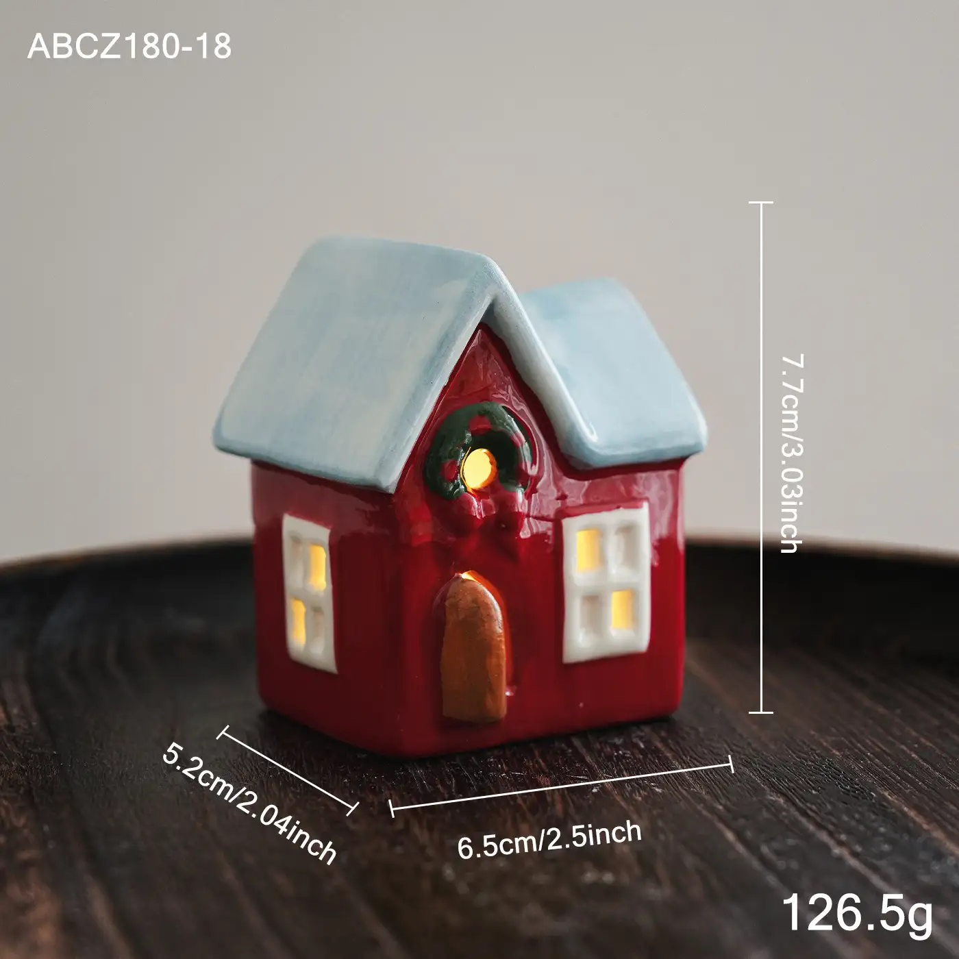 Christmas Ceramic Cottage Ornament with Window, Chimney and Wreath