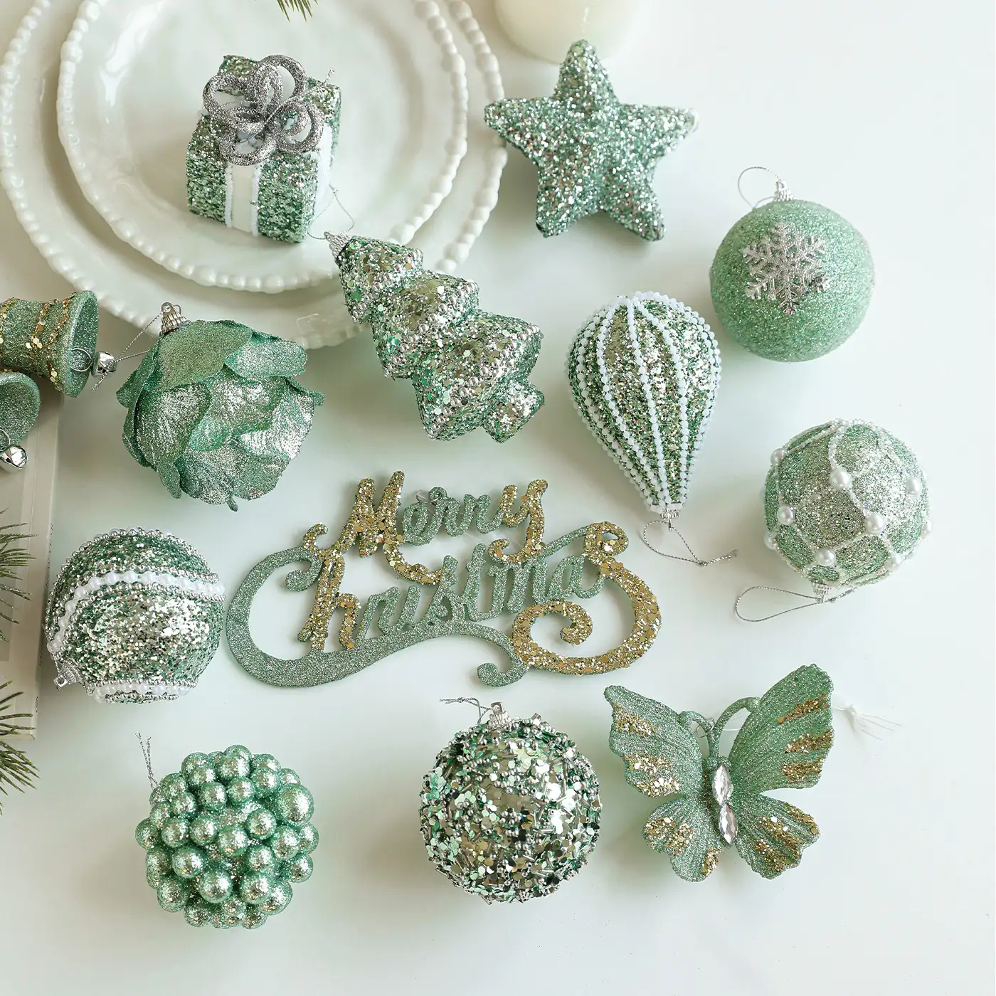 Green Glitter Foam Christmas Hanging Ball Ornament