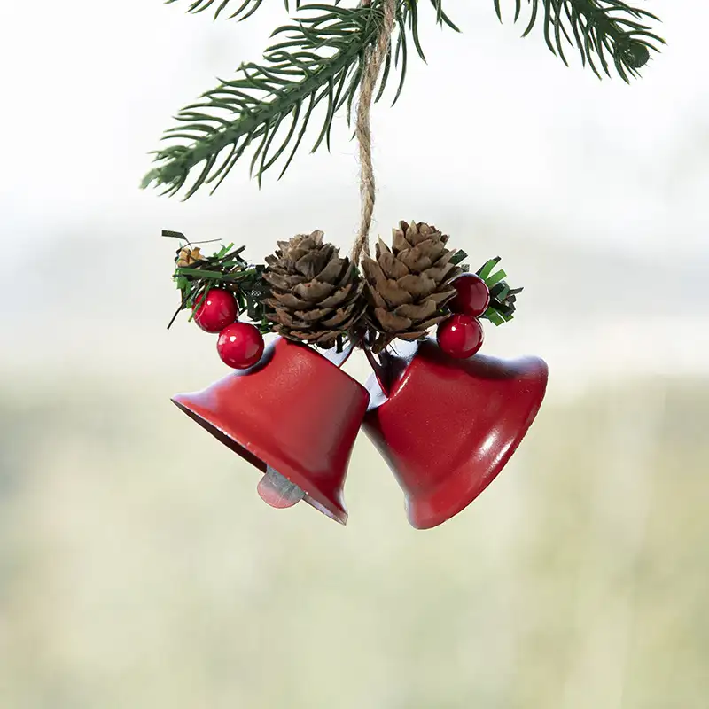 Nordic Metal Bell Christmas Tree Ornament - Pinecone & Red Berry Style