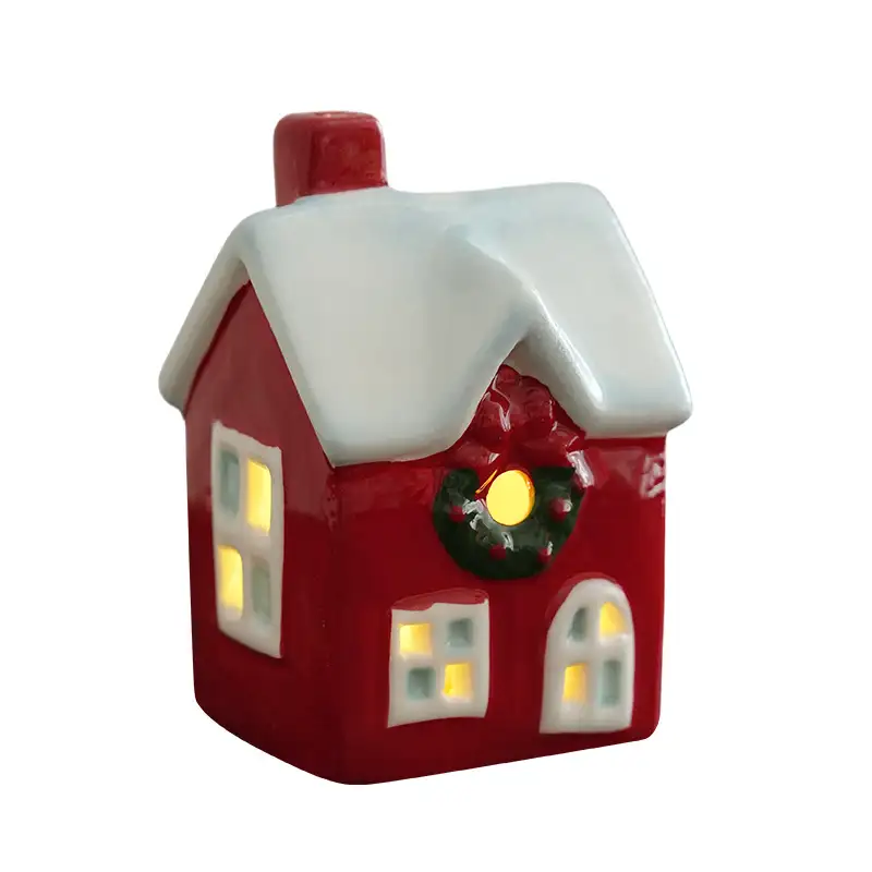 Christmas Ceramic Cottage Ornament with Window, Chimney and Wreath