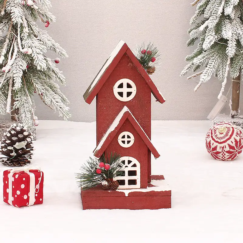 木質發光聖誕雪景小屋擺件