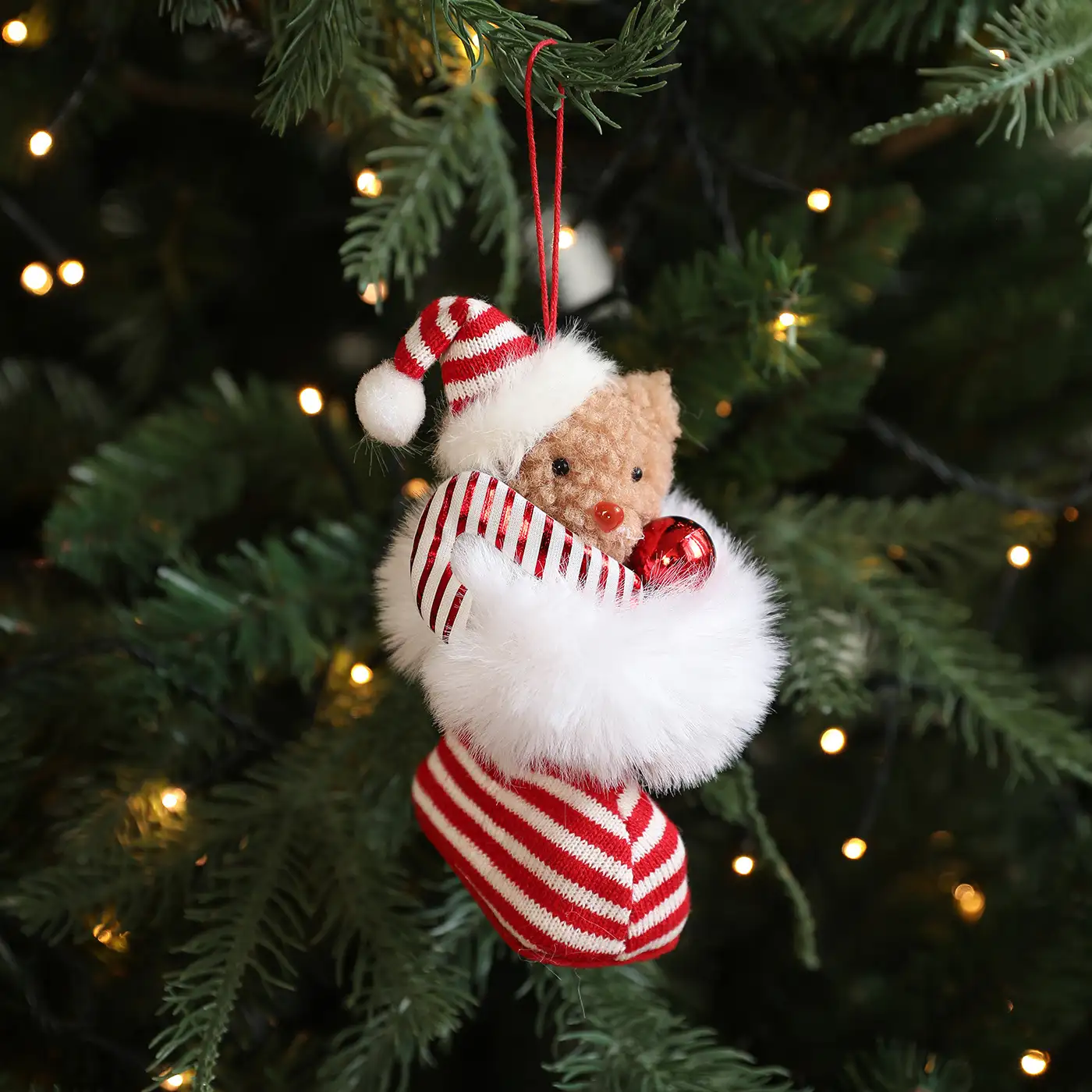 Plush Teddy Bear Red and White Boots Christmas Ornament