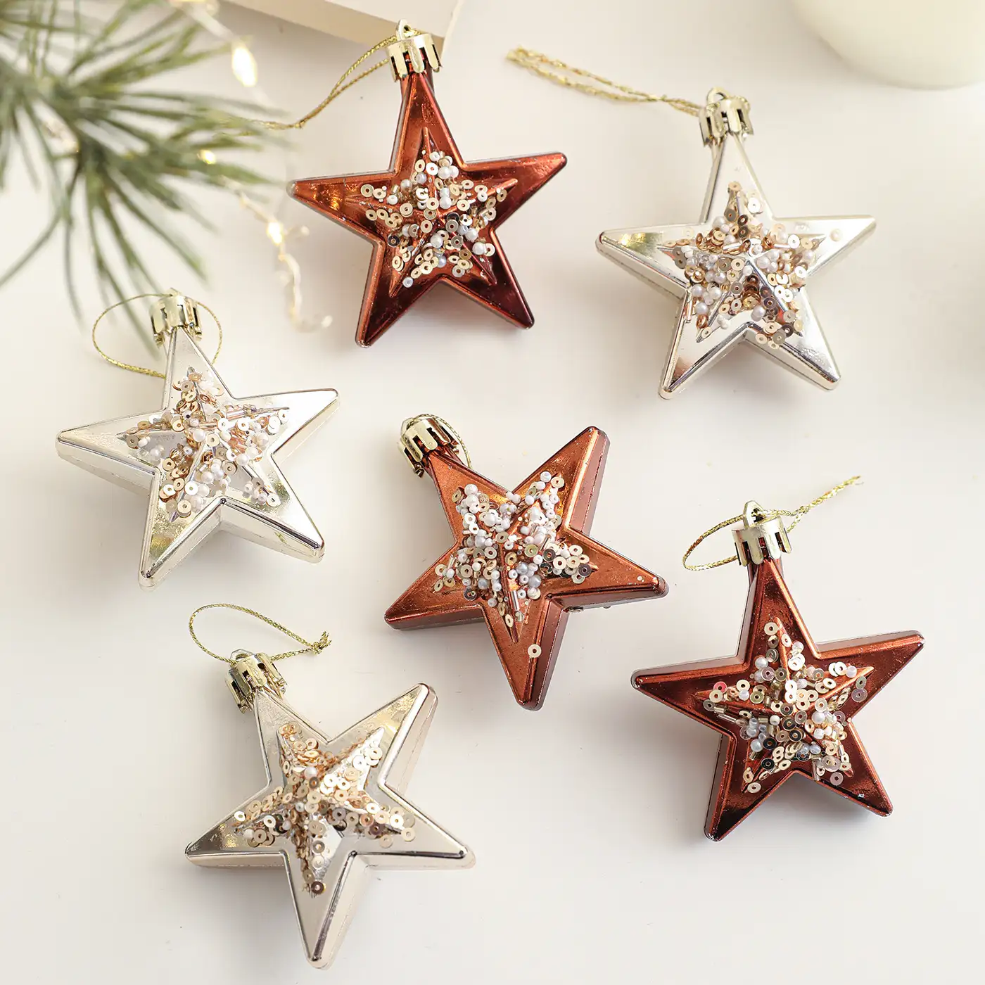 Nordic coffee-colored five-pointed star and pinecone Christmas tree ornaments, boxed