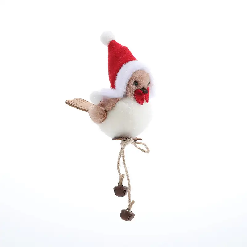 Realistic foam and wool-felt small bird Christmas hanging ornament with red scarf and hat