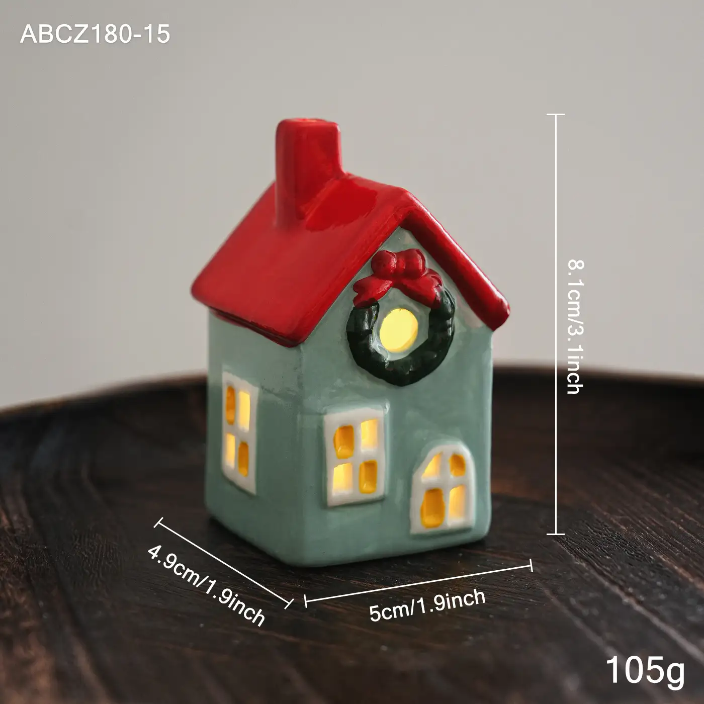 Christmas Ceramic Cottage Ornament with Window, Chimney and Wreath
