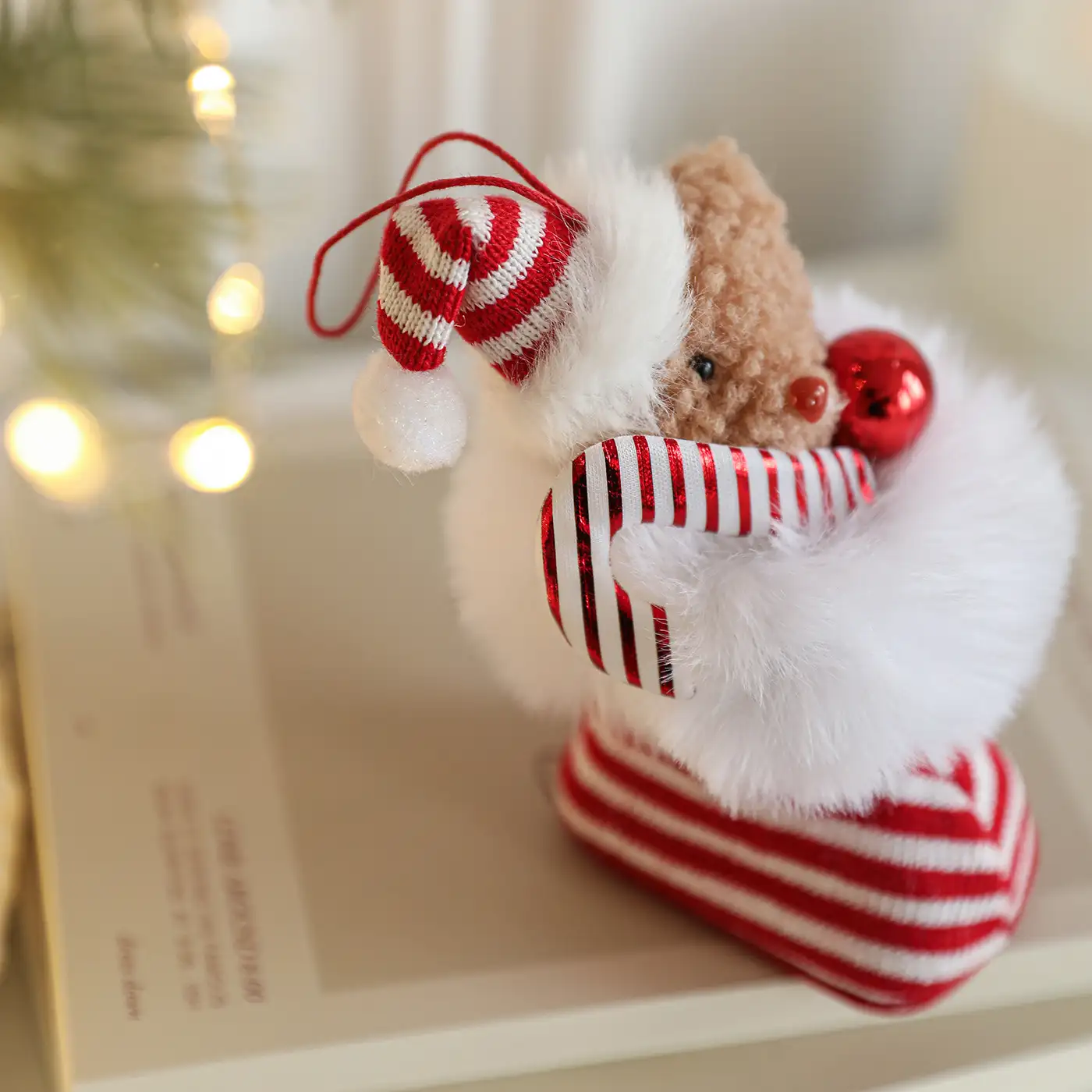 Plush Teddy Bear Red and White Boots Christmas Ornament