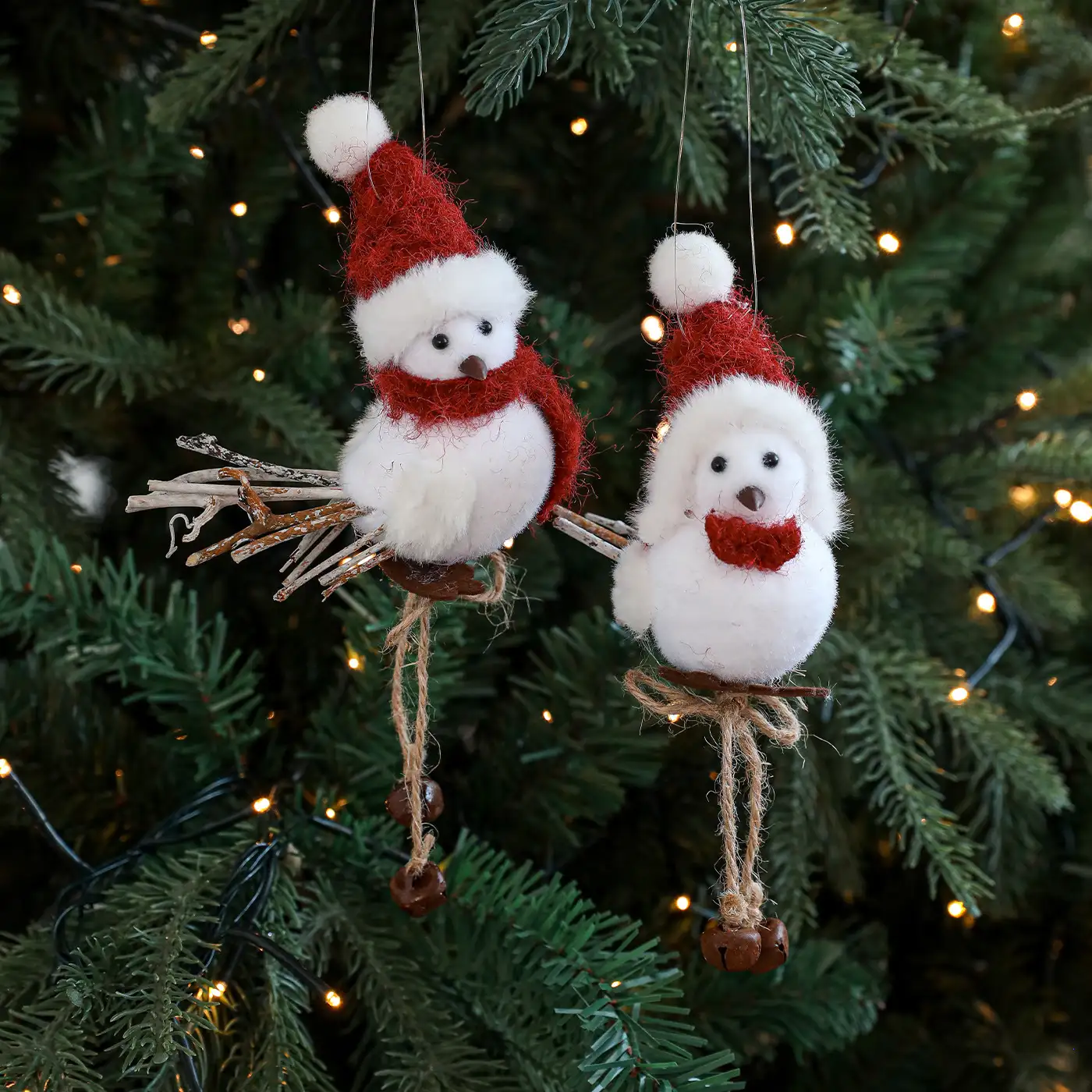 Realistic foam and wool-felt small bird Christmas hanging ornament with red scarf and hat