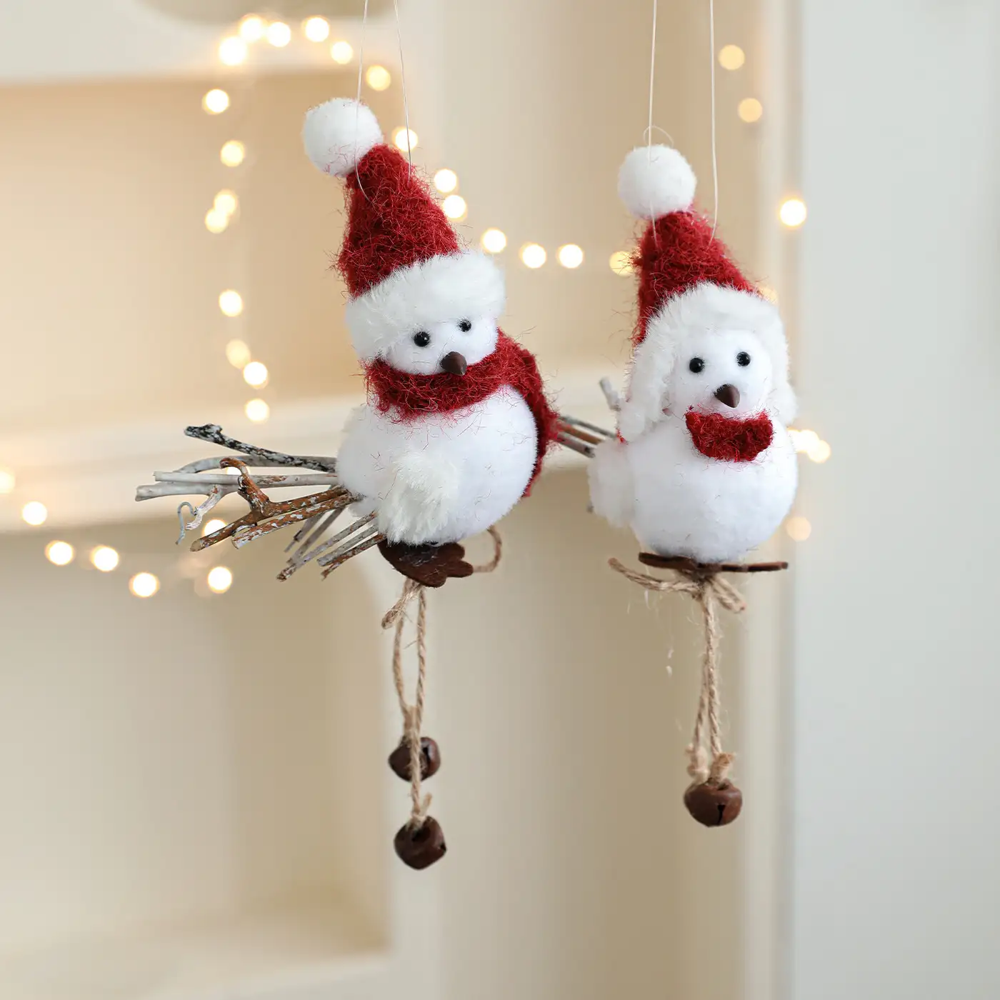 Realistic foam and wool-felt small bird Christmas hanging ornament with red scarf and hat