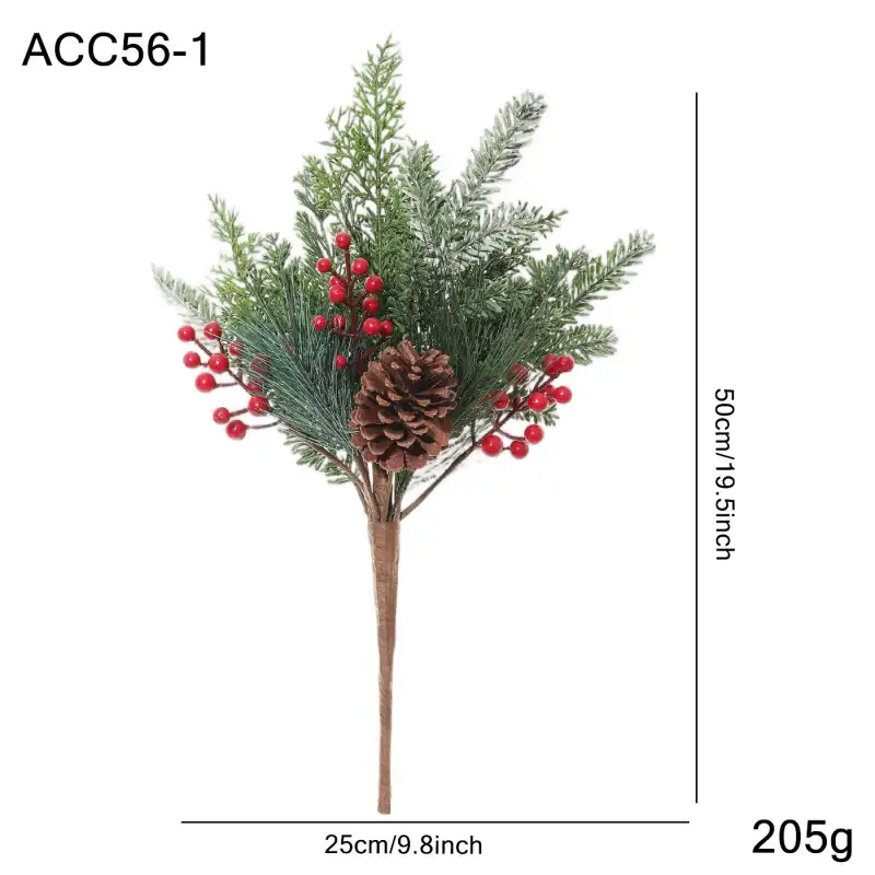 Artificial cedar branch decoration with red berries and pine cones