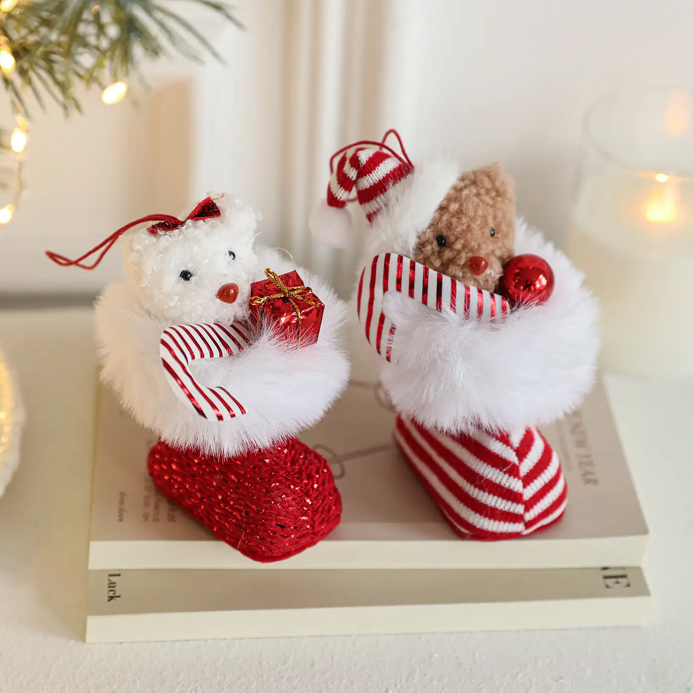 Plush Teddy Bear Red and White Boots Christmas Ornament
