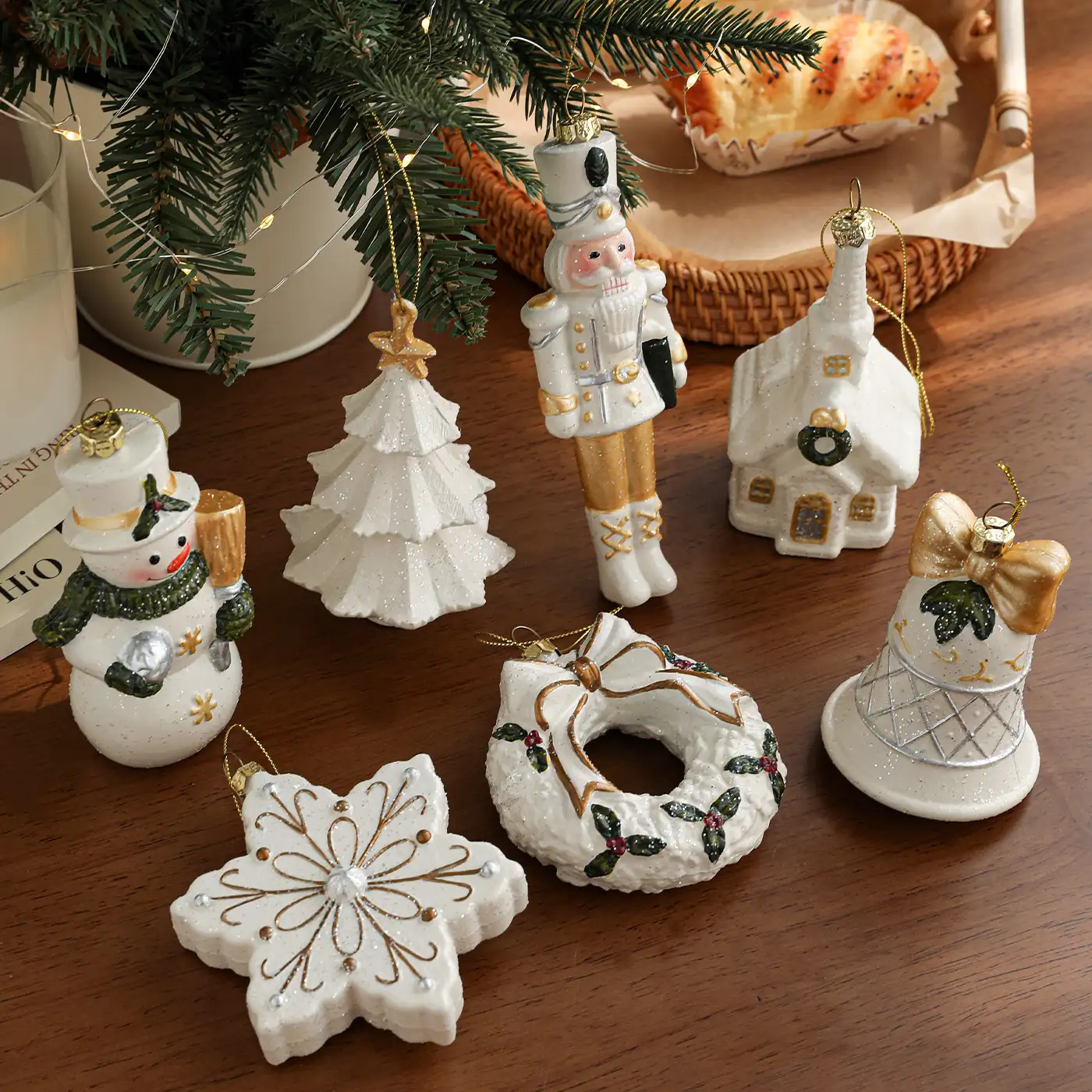 White and green snowflake Santa plastic hanging ornament