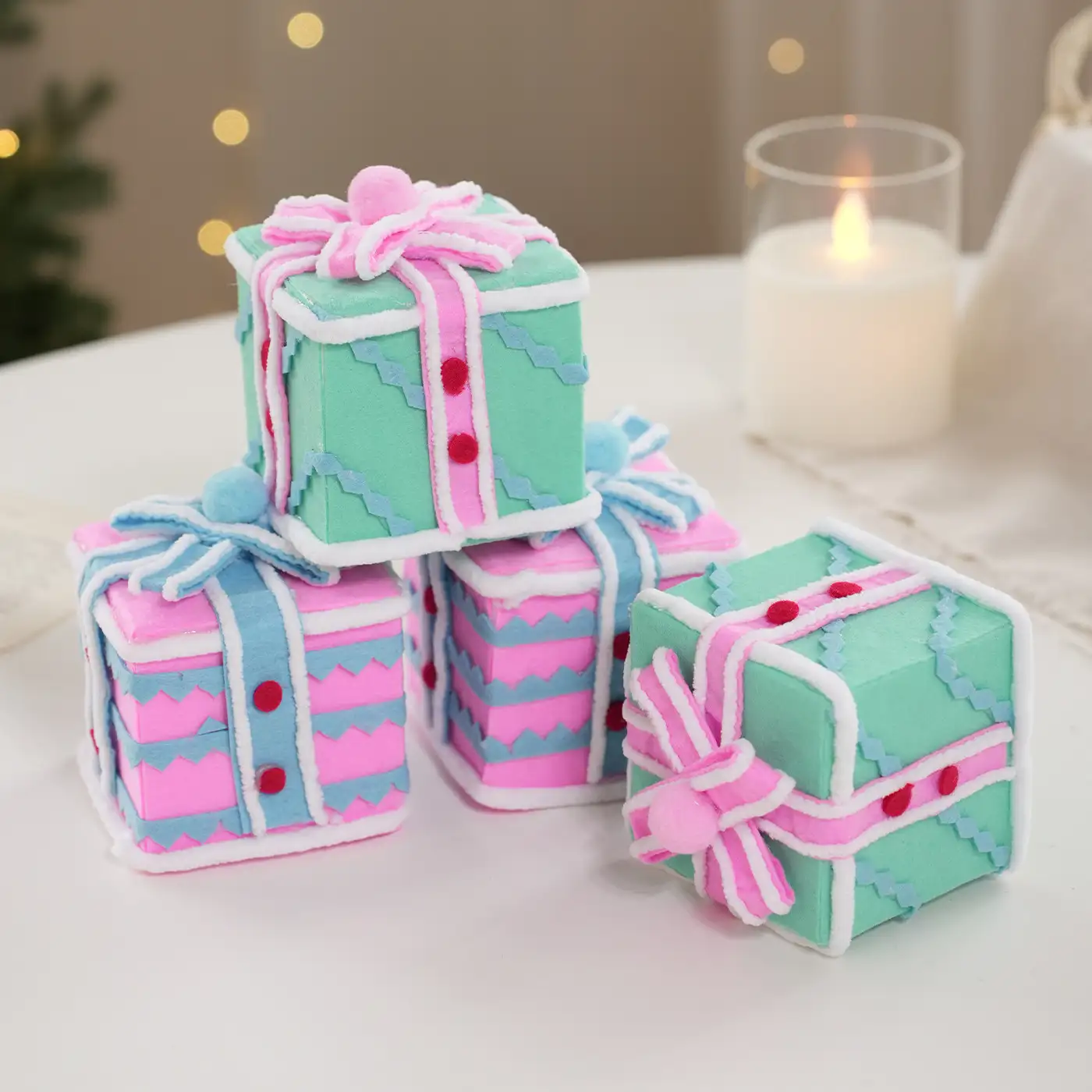 Colorful Fabric and Foam Christmas Gift Box Tabletop Decoration