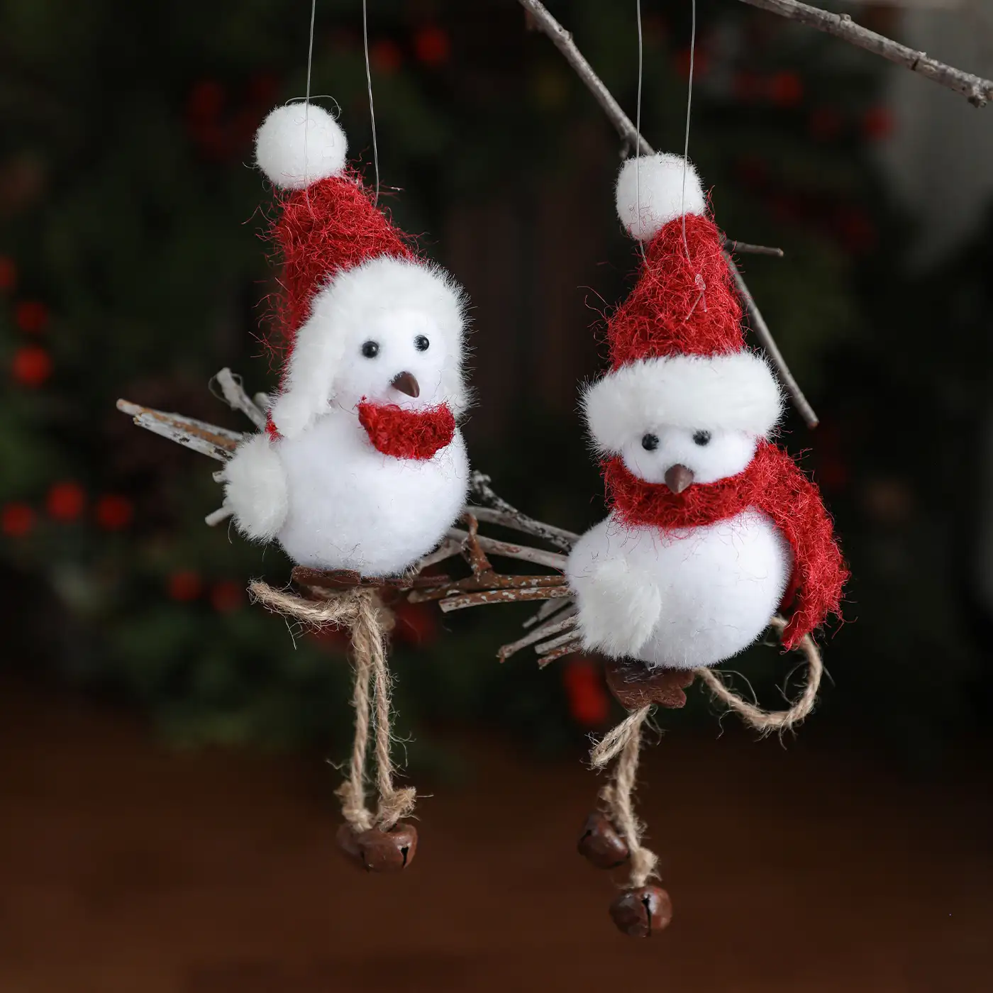 Realistic foam and wool-felt small bird Christmas hanging ornament with red scarf and hat