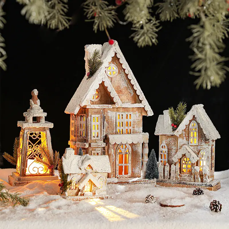 木質發光聖誕雪景小屋擺件