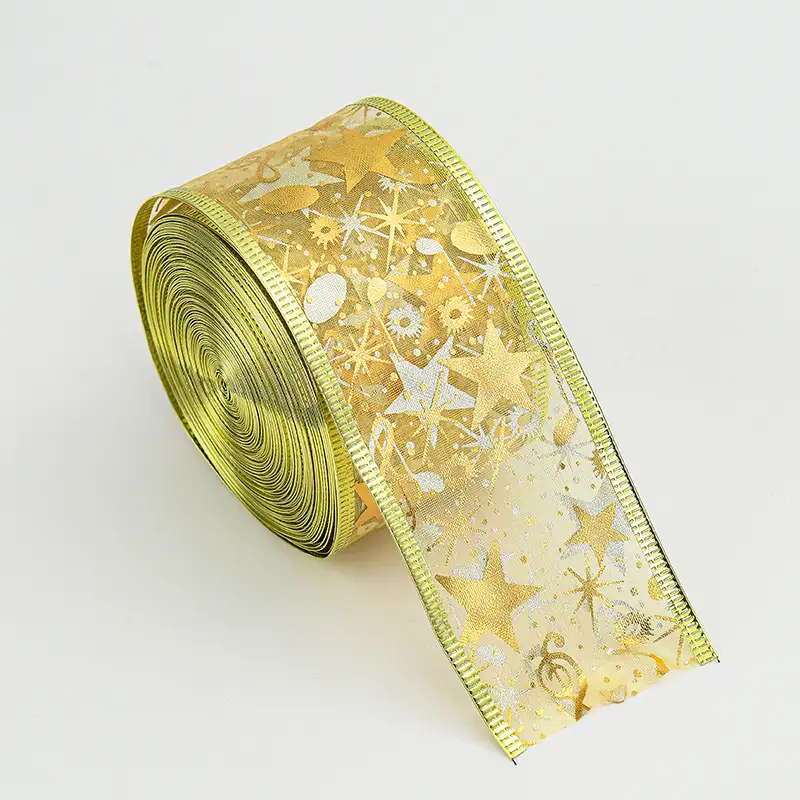 聖誕燙金五角星網紗絲帶（帶鐵絲）