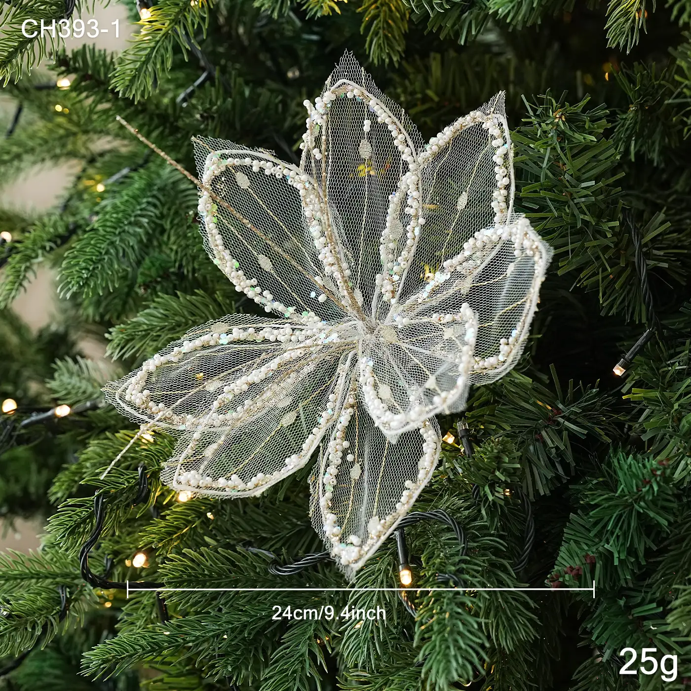 聖誕網紗珍珠花掛件節日裝飾