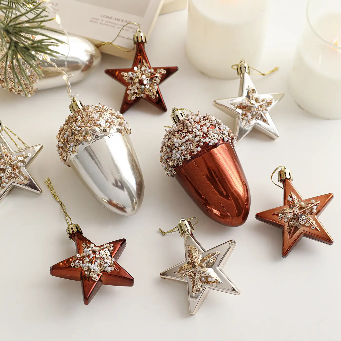 Nordic coffee-colored five-pointed star and pinecone Christmas tree ornaments, boxed