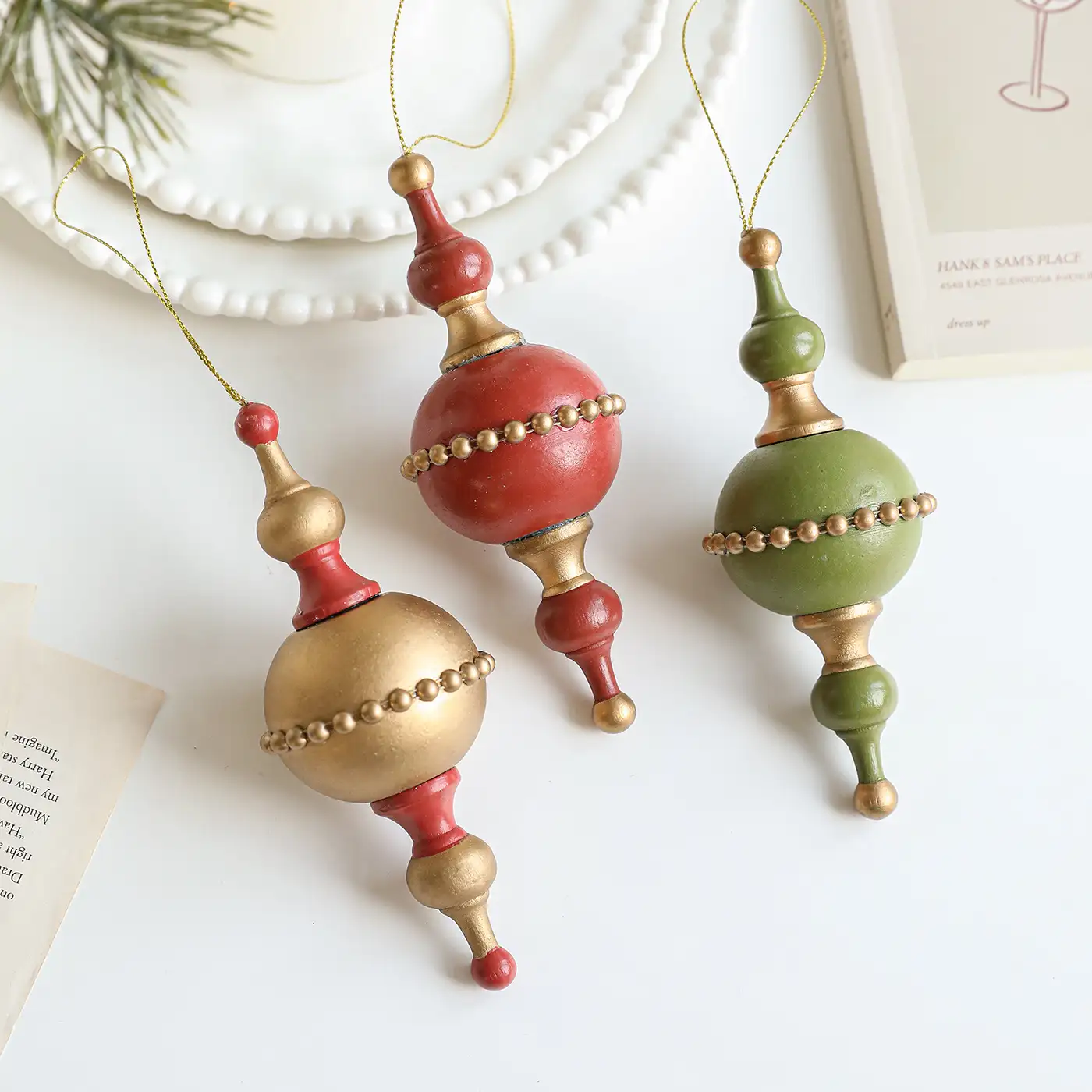 Vintage Wooden Christmas Tree Ornament - Star and Acorn