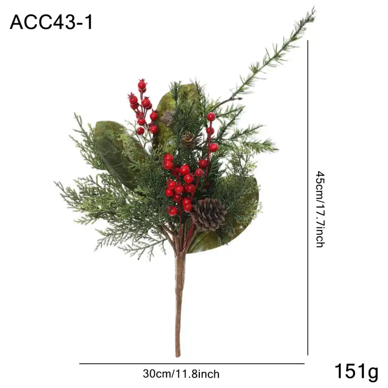 Artificial cedar branch decoration with red berries and pine cones