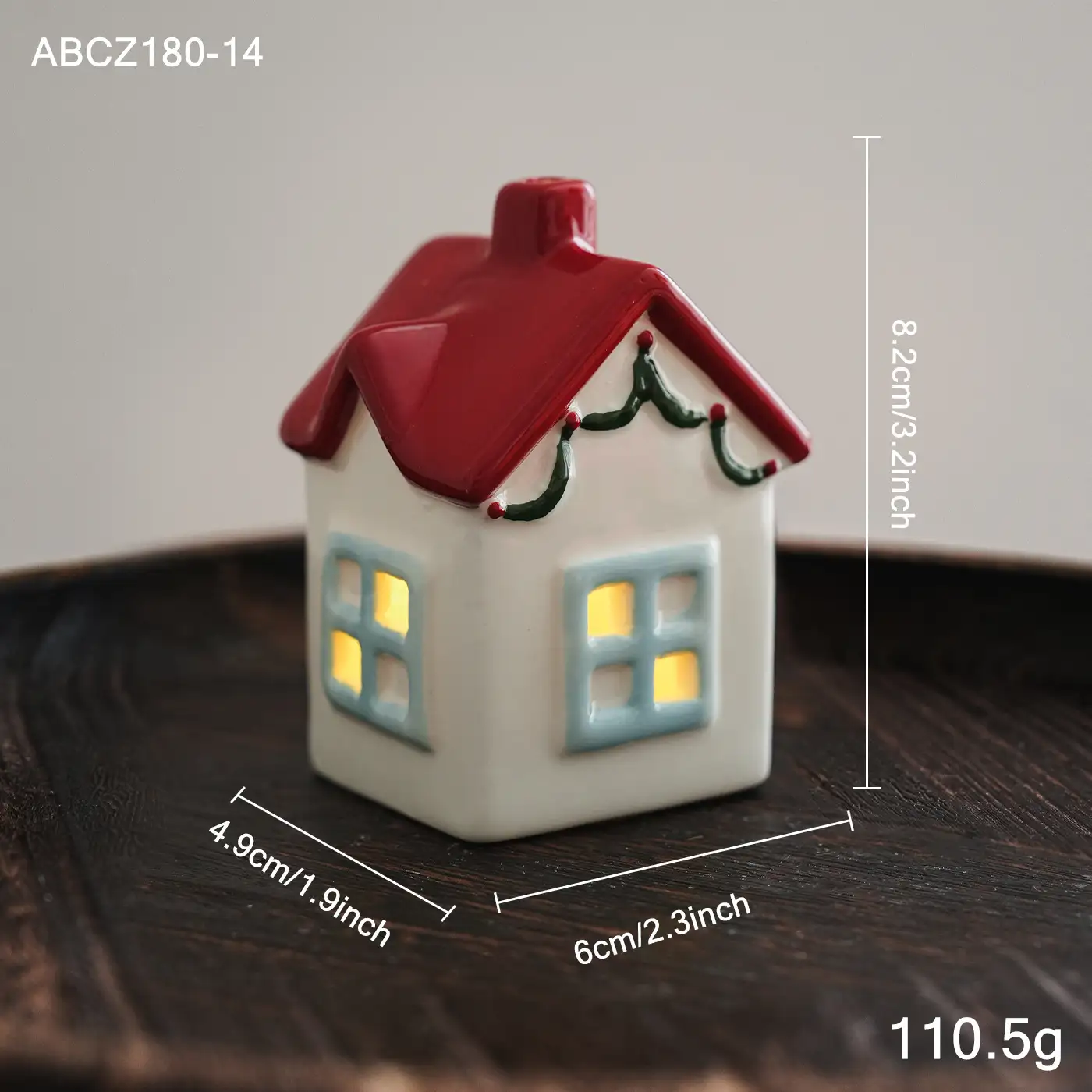 Christmas Ceramic Cottage Ornament with Window, Chimney and Wreath