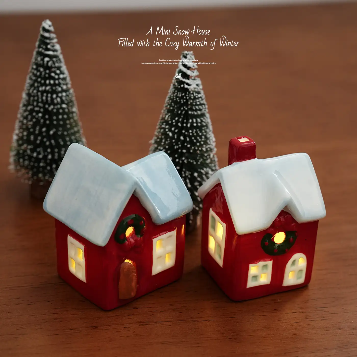 Christmas Ceramic Cottage Ornament with Window, Chimney and Wreath