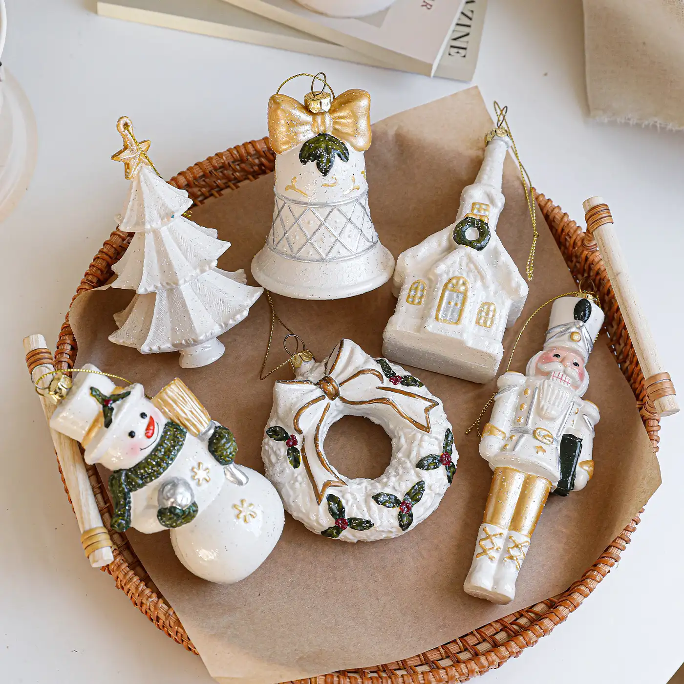 White and green snowflake Santa plastic hanging ornament