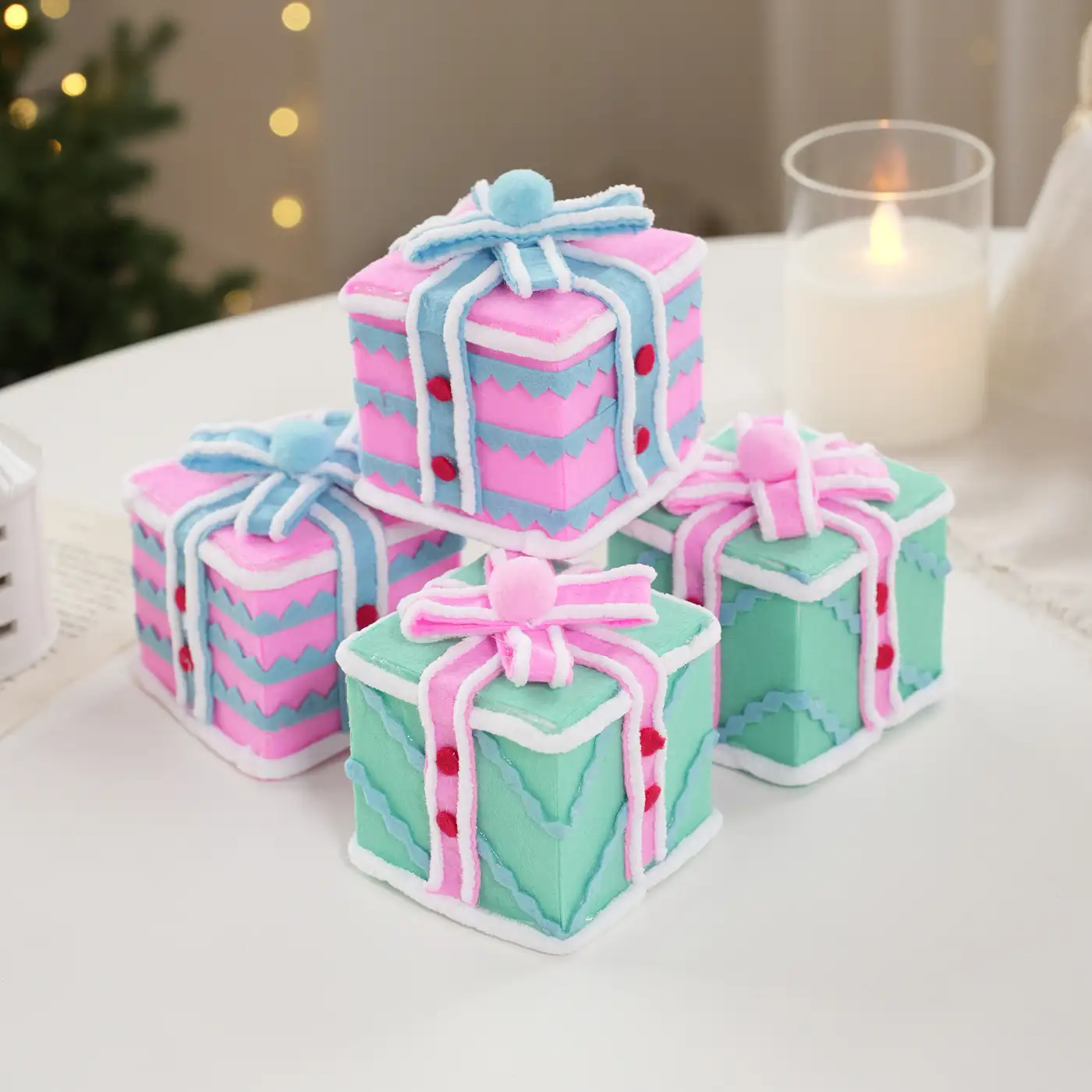 Colorful Fabric and Foam Christmas Gift Box Tabletop Decoration