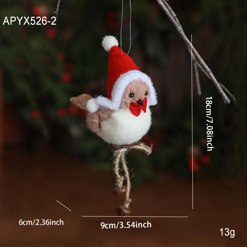 Realistic foam and wool-felt small bird Christmas hanging ornament with red scarf and hat