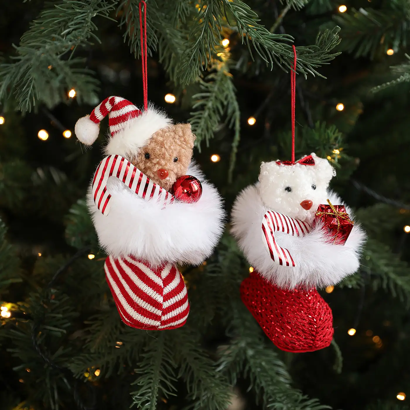 Plush Teddy Bear Red and White Boots Christmas Ornament