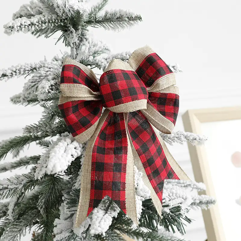 Christmas linen-colored plaid gift bow ribbon