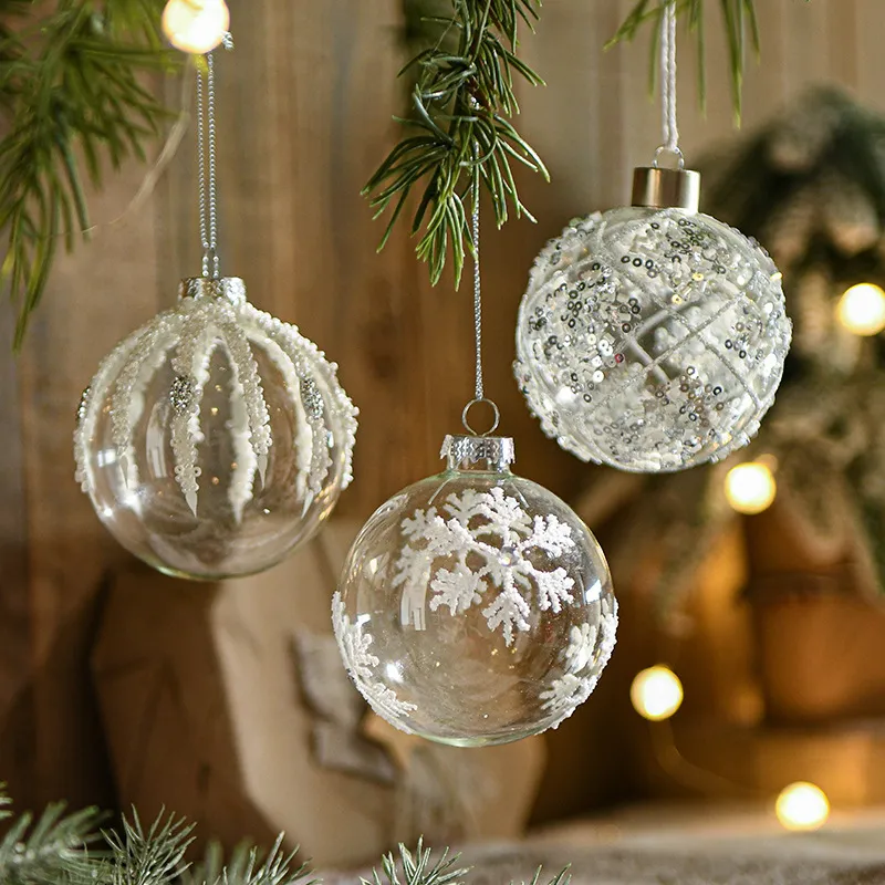 Transparent Glass White Rhinestone and Sequin Christmas Hanging Ball