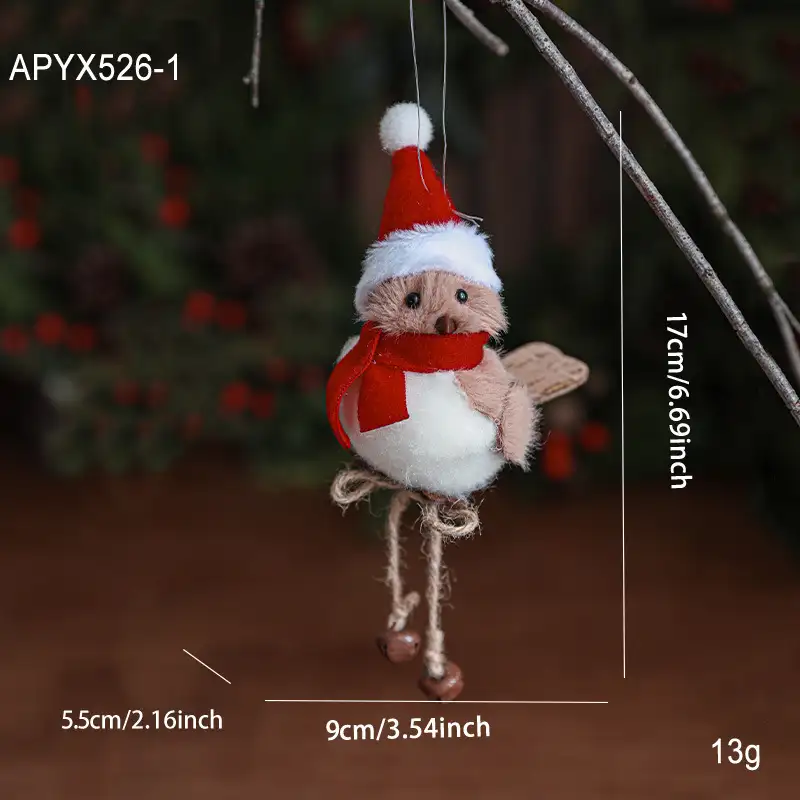 Realistic foam and wool-felt small bird Christmas hanging ornament with red scarf and hat