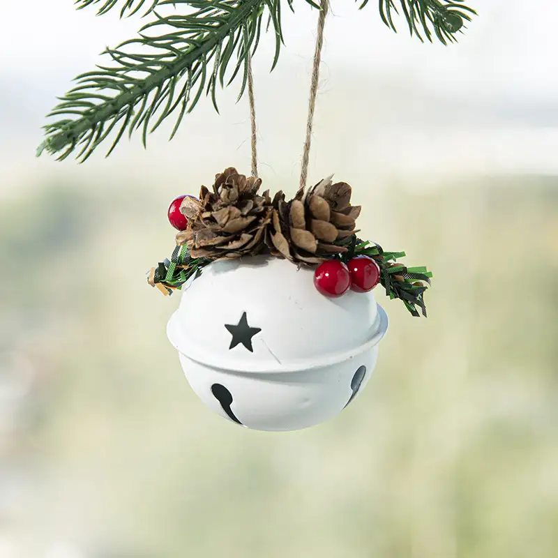 Nordic Metal Bell Christmas Tree Ornament - Pinecone & Red Berry Style