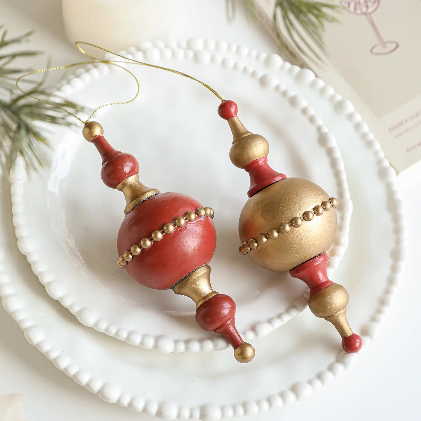 Vintage Wooden Christmas Tree Ornament - Star and Acorn