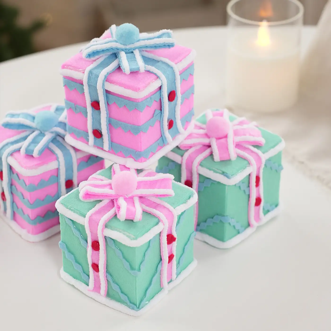 Colorful Fabric and Foam Christmas Gift Box Tabletop Decoration