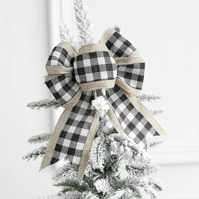 Christmas linen-colored plaid gift bow ribbon