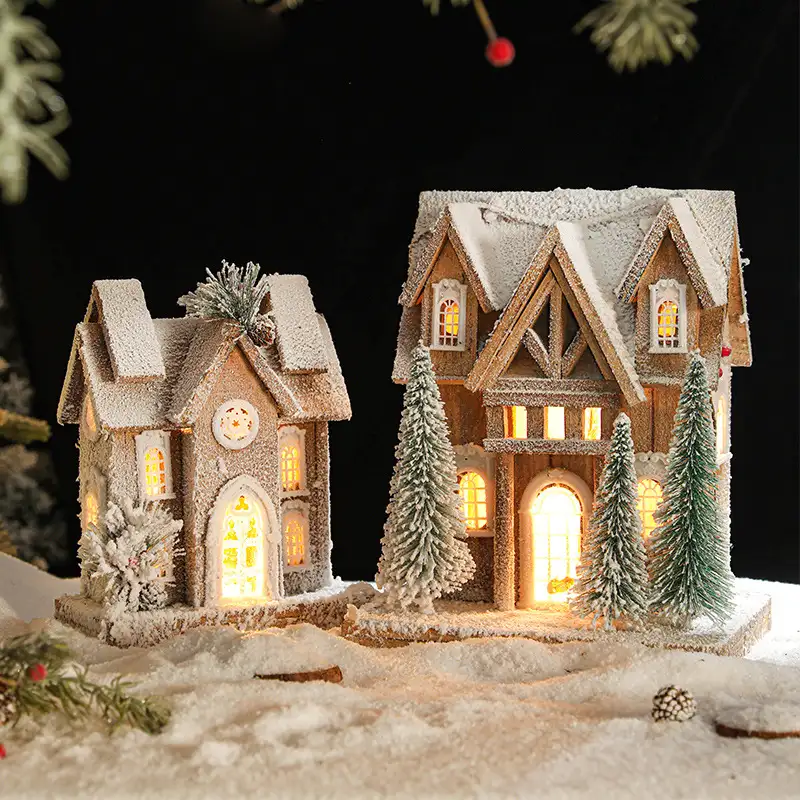 木質發光聖誕雪景小屋擺件